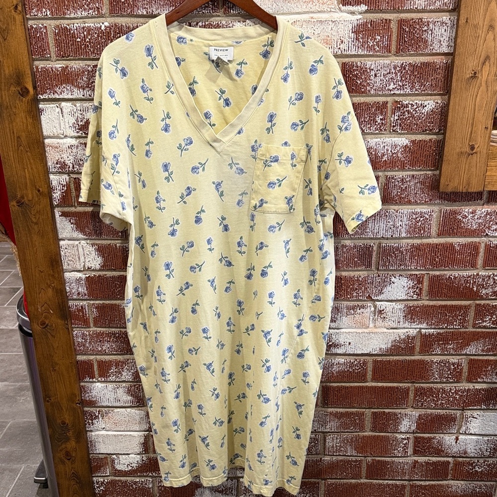 VTG Preview Collection Lingerie Yellow V-Neck Floral Print Comfy Nightgown OSFM